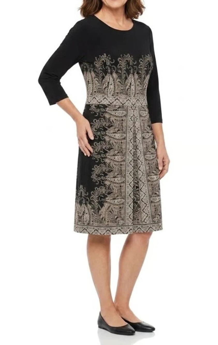 J Jill Wearever Dress ALine Paisley Black Cream 3/4 Sleeve Travel Boho L A010795